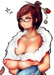  1girl angry areolae blue_gloves breasts brown_eyes brown_hair glasses gloves hair_bun hair_ornament highres huge_breasts lapaco male_hand mei_(overwatch) nipple_slip nipples no_bra overwatch puffy_nipples sagging_breasts short_hair simple_background standing upper_body white_background 