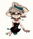  1girl aqua_pantyhose black_dress bow-shaped_hair commentary_request dress earrings food food_on_head gloves grey_hair highres inkling inkling_girl inkling_player_character jewelry looking_at_viewer marie_(splatoon) marie_(squid_sisters_outfit)_(splatoon) medium_hair object_on_head pantyhose pointy_ears shogo_(shogo70449442) short_dress short_eyebrows simple_background smile solo splatoon_(series) standing teeth tentacle_hair thick_eyebrows white_background white_gloves yellow_eyes 