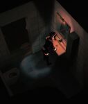  1girl bathroom dark dark_background dim_lighting from_above highres looking_at_mirror mirror noyemik original short_hair sweater thighhighs tile_floor tiles toilet 