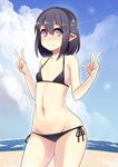  @_@ beach bikini black_bikini black_hair blush breasts cloud covered_nipples day dizzy_(onigensou) double_v eyebrows eyebrows_visible_through_hair groin lowleg lowleg_bikini micro_bikini navel nose_blush onigensou original outdoors pointy_ears short_hair sky small_breasts smile solo standing star star-shaped_pupils swimsuit symbol-shaped_pupils v water 