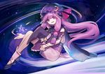  ainy77 bad_id bad_pixiv_id black_footwear borrowed_garments cape chain commentary_request constellation constellation_print crescent crescent_hair_ornament dress frilled_hat frills hair_ornament hat hat_removed hat_ribbon headwear_removed holding holding_hat long_hair looking_at_viewer multicolored multicolored_cape multicolored_clothes open_mouth patchouli_knowledge print_cape print_hat purple purple_dress purple_eyes purple_hair purple_hat red_ribbon ribbon sash shoes sleeveless smile solo star touhou very_long_hair white_legwear witch_hat 