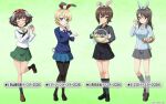  4girls akiyama_yukari animal_ears basket black_neckerchief black_necktie black_pantyhose black_shoes black_skirt black_socks blonde_hair blue_eyes blue_jacket blue_skirt blue_sweater blush bow braid breasts brown_eyes brown_hair brown_shoes character_name closed_eyes collarbone collared_shirt commentary_request darjeeling_(girls_und_panzer) easter easter_egg egg emblem fake_animal_ears fluffy_hair full_body girls_und_panzer girls_und_panzer_senshadou_daisakusen! gradient_background green_background green_skirt grey_shirt grey_skirt grey_socks hair_between_eyes hair_bow highres holding holding_basket holding_egg jacket keizoku_(emblem) keizoku_school_uniform kuromorimine_(emblem) kuromorimine_school_uniform legs loafers long_sleeves looking_at_viewer medium_hair messy_hair mika_(girls_und_panzer) miniskirt multiple_girls neckerchief necktie nishizumi_maho official_art ooarai_(emblem) ooarai_school_uniform pantyhose pleated_skirt rabbit_ears rabbit_tail red_bow sailor_collar school_uniform shirt shoes short_hair skirt smile socks st._gloriana's_(emblem) st._gloriana's_school_uniform standing standing_on_one_leg striped_clothes striped_jacket sweater swept_bangs tail thighs translated vertical-striped_clothes vertical-striped_jacket white_sailor_collar white_shirt 