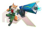  1boy animal_ears benjamin_faure character_name commentary english_commentary fangs fox_boy fox_ears fox_mccloud fox_tail full_body furry furry_male green_jumpsuit gun highres holding holding_gun holding_weapon jacket jumpsuit male_focus open_mouth scouter smile star_fox tail weapon white_background white_jacket 