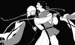  2boys arm_around_another's_waist badeni black_background black_hair black_tabard chi.:_chikyuu_no_undou_ni_tsuite closed_eyes commentary_request cowboy_shot dancing greyscale hair_bun highres holding_hands laughing male_focus medium_hair monochrome multiple_boys noz_cm oczy open_mouth pants parted_lips ponytail robe rope rope_around_neck scar scar_on_face scar_on_mouth scar_on_nose shirt sleeves_rolled_up smile stitched_face stitches tabard tonsure vest white_pants white_robe white_shirt yaoi 