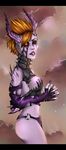  augmentation black_bars blonde_hair breasts clothed clothing collar demon ear_piercing facial_piercing female hair hi_res horn humanoid kitty_silence lip_piercing loincloth nipples partially_clothed piercing pointy_ears purple_skin solo spiked_collar spikes standing torn_clothing warhammer_(franchise) 