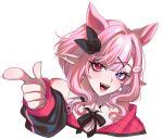  1girl :d aegyo_sal animal_ears bare_shoulders black_bow black_bowtie black_jacket blush bow bowtie collared_shirt commentary commission cropped_shoulders english_commentary eyelashes fang fingernails hair_between_eyes hair_bow hair_intakes hair_ornament hand_up heterochromia highres jacket jacket_partially_removed long_pointy_ears long_sleeves looking_at_viewer medium_hair open_mouth original pig_ears pig_girl pig_hair_ornament pink_hair pointing pointing_at_viewer pointy_ears puffy_long_sleeves puffy_sleeves purple_eyes red_eyes red_sailor_collar sailor_collar sasucchi95 shirt sidelocks simple_background sleeveless sleeveless_shirt smile solo swept_bangs teeth tongue tsurime uvula wavy_sidelocks white_background white_shirt x_hair_ornament 