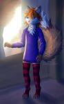 absurd_res anthro autumn blue_clothing blue_eyes blue_sweater blue_topwear brown_body brown_fur canid canine cheek_tuft clothing day detailed_background digital_media_(artwork) digital_painting_(artwork) dipstick_tail facial_tuft femboy fluffy fluffy_tail footwear fox fur guard hair handpaw hi_res legwear male mammal markings messy_hair neck_tuft orange_body orange_fur painting_(artwork) paws pink_nose plant red_fox red_hair satri_merrywether_(bluerosabrier) socks stellaamoris sweater tail tail_markings thigh_highs thigh_socks topwear tree true_fox tuft