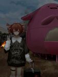  1girl absurdres bib_collar bicycle black_shirt blue_sky burning cloud cloudy_sky commentary_request cowboy_shot dawn drill_hair hair_between_eyes hand_up highres holding holding_suitcase kasane_teto layered_shirt leg_warmers lewenxijian outdoors print_shirt red_eyes red_hair rolling_suitcase scenery shirt sky sleeves_past_wrists smile standing suitcase thigh_strap tree twintails utau v white_leg_warmers white_shirt y2k_fashion 