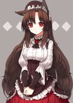  adapted_costume animal_ears arm_warmers bangs blouse breasts brooch brown_hair corset cowboy_shot detached_collar frilled_shirt frills hands_together highres imaizumi_kagerou jewelry large_breasts long_hair long_sleeves looking_at_viewer parted_bangs red_eyes red_skirt sh_(562835932) shirt short_over_long_sleeves short_sleeves sidelocks skirt solo touhou underbust v_arms very_long_hair victorian white_blouse wolf_ears 