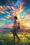  1boy backpack bag bird black_hair black_pants blue_sky blurry brown_eyes building cellphone cloud collared_shirt commentary_request depth_of_field evening grass highres holding holding_phone house landscape male_focus milky_way mountain mountainous_horizon original pants phone rural ryowelcome1 scenery school_uniform shirt short_sleeves signature sky smartphone star_(sky) sunset transmission_tower untucked_shirt village walking white_bird white_shirt 