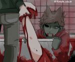  1other 2boys animification antenna_hair artist_name bathroom bathtub blood blood_from_mouth blood_on_hands brown_hair brown_pants colored_skin commentary_request edd_(eddsworld) eddsworld film_grain flipped_hair green_hoodie green_skin hair_behind_ear hair_ears hood hood_down hoodie implied_death implied_murder in_bathtub indoors kiyosuke_suke55 long_sleeves looking_at_another male_focus missing_eye multiple_boys pants red_hoodie short_hair signature swept_bangs tord_(eddsworld) white_eyes zombie 