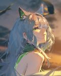  1girl absurdres animal_ear_fluff animal_ears arknights bare_shoulders bird commentary english_commentary extra_ears gandy_(gan3e46) green_eyes grey_hair half-closed_eyes highres kal'tsit_(arknights) long_hair looking_at_viewer outdoors parted_lips sidelocks solo upper_body 