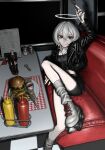  1girl absurdres black_jacket black_shirt black_shorts booth_seating bottle bottle_opener burger cheese coca-cola cross cross_necklace drink fast_food food fork grey_eyes grey_hair grey_socks hair_between_eyes halo highres holding holding_fork jacket jewelry ketchup ketchup_bottle leather leather_jacket lettuce looking_at_viewer meat menu mustard_bottle necklace original pepper_shaker restaurant roller_skates salt_shaker shirt shorts skates socks soda soda_bottle solo table tuba_io white_halo 