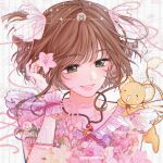  1girl alternate_costume artist_name bouquet brown_hair cardcaptor_sakura choker collarbone commission commissioner_name dress familiar flower frilled_wrist_cuffs frills green_eyes grin hair_flower hair_intakes hair_ornament hair_ribbon hand_in_own_hair hand_up hao_jiaxin highres holding holding_bouquet jewelry kero_(cardcaptor_sakura) kinomoto_sakura mihuashi_commission necklace pink_dress pink_flower pink_ribbon pink_wrist_cuffs portrait ribbon ribbon_choker short_hair smile solo too_many_watermarks two_side_up watermark white_background wrist_cuffs yellow_flower 