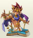  abs armlet atem bare_chest black_hair blonde_hair broken cape circlet dark_skin dark_skinned_male earrings egyptian highres jewelry male_focus millennium_eye millennium_key millennium_puzzle millennium_ring millennium_rod millennium_scale multicolored_hair necklace red_eyes red_hair ring seyo solo star upper_body wrist_cuffs yuu-gi-ou yuu-gi-ou_duel_monsters 