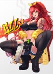  1girl absurdres arm_tattoo black_boots black_bra black_gloves black_thighhighs blue_shorts boots bra breasts cigarette cleavage commentary dragon_tattoo elly_(1st_costume)_(vtuber) elly_(vtuber) gloves graffiti green_eyes gun handgun highres indie_virtual_youtuber jacket large_breasts long_hair navel ponytail red_hair shorts solo tattoo thighhighs thighs underwear uzyou_(momotk1109) virtual_youtuber weapon white_background yellow_jacket 