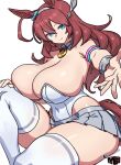  1girl ahoge animal_ears bare_shoulders blue_eyes breasts brown_hair detached_sleeves ear_ornament grey_hairband grey_leotard grey_skirt grey_sleeves hair_between_eyes hairband highleg highleg_leotard highres horse_ears horse_girl horse_tail horseshoe_ornament large_breasts leotard long_hair looking_at_viewer lowleg lowleg_skirt mewmaster93 mihono_bourbon_(mb-19890425)_(umamusume) mihono_bourbon_(umamusume) necktie necktie_overhang pink_necktie silver_hairband skirt solo tail thighhighs umamusume white_leotard white_thighhighs 