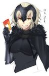  black_capelet black_shirt breasts capelet card commentary_request cropped_torso fate/grand_order fate_(series) fur_trim grin headpiece highres holding holding_card jeanne_d'arc_(alter)_(fate) jeanne_d'arc_(fate)_(all) large_breasts looking_at_viewer onineko-chan shirt short_hair smile solo translated upper_body white_hair yellow_eyes 