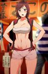  :d blush breasts brown_hair cameltoe cleavage cowboy_shot hair_ornament hands_on_hips highres kazama_asuka large_breasts looking_at_viewer midriff navel open_mouth red_eyes sarashi short_hair short_shorts shorts skindentation smile solo standing sweatdrop taut_clothes taut_shorts tekken tetsuo_(tetuo1129) vest 