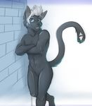  2016 anthro black_fur black_nose black_panther black_tail blue_eyes brick crossed_arms digital_drawing_(artwork) digital_media_(artwork) featureless_crotch feline front_view fur hair looking_at_viewer male mammal markings morokite naturally_censored nude panther portrait simple_background sioteru smile solo standing three-quarter_portrait whiskers white_background white_hair white_markings 