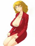  1girl 96 blonde_hair blush breasts brown_eyes cleavage collarbone glasses large_breasts long_hair milf nannal sitting skirt solo 