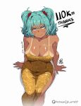  1girl aqua_eyes aqua_hair artist_name brazilian_miku breasts cleavage closed_mouth dress gold_dress hatsune_miku jk_arts large_breasts looking_at_viewer milestone_celebration patreon_logo patreon_username solo tan tanlines thank_you twintails vocaloid white_background 
