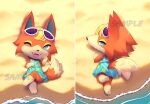  1girl animal_crossing aqua_eyes artist_request audie_(animal_crossing) beach blonde_hair blue_dress check_artist chibikemo crunchobar dakimakura_(medium) dress fangs furry furry_female lemoncremestudios looking_at_viewer looking_back merchandise_available ocean orange_fur pineapple_print sample_watermark sand smile sunglasses tropical watermark wolf wolf_girl 