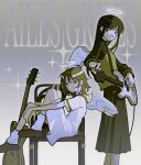  2girls angel angel_wings black_hair blush brown_eyes brown_hair chair commentary dress ear_piercing electric_guitar fake_halo feathered_wings feet_out_of_frame four-pointed_star from_side full_body gradient_background grey_background guitar haibane_renmei hair_between_eyes halftone halo highres holding holding_guitar holding_instrument instrument kiwibnui knees_up leg_warmers light_blush long_hair long_sleeves looking_at_viewer messy_hair multiple_girls on_chair piercing rakka_(haibane_renmei) reki_(haibane_renmei) short_hair short_sleeves sitting skirt song_name sparkle standing static_cling traditional_halo tuning_instrument white_background white_dress white_leg_warmers wings 