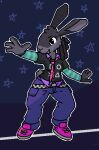 2026 abstract_background accessory action_pose aliasing anthro belt biped black_body black_clothing black_ears black_fur black_hair black_shirt black_t-shirt black_topwear blue_bottomwear blue_clothing blue_pants blue_sleeves bottomwear breasts cargo_pants checkered_belt cheek_tuft clothed clothing collared_shirt countershade_face countershade_fur countershading digital_media_(artwork) digitigrade dreadlocks eyebrows eyelashes facial_tuft female footwear fully_clothed fur grey_body grey_countershading grey_inner_ear grey_markings grey_palms grey_tail hair hair_accessory hair_tie head_tuft hi_res lagomorph leporid long_ears looking_forward loose_tie mammal markings necktie open_mouth open_smile outline palm_markings pants pink_clothing pink_footwear pink_shoes pink_sneakers pixel_vibri playstation playstation_button_symbol ponytail pose print_clothing print_shirt print_t-shirt print_topwear purple_clothing purple_shirt purple_topwear rabbit raised_arms scut_tail shaded shirt shoes short_tail small_breasts smile sneakers solo sony_corporation sony_interactive_entertainment standing star striped_sleeves t-shirt tail three-quarter_view tied_hair topwear tuft vib-ribbon vibri white_hair_tie white_outline y2k_(fashion)
