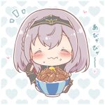  1girl :t black_gloves blush bowl braid chopsticks closed_eyes closed_mouth commentary_request cropped_torso fingerless_gloves food food_on_face gloves grey_hair headpiece heart heart_background highres holding holding_chopsticks hololive mitarashi_neko notice_lines rice rice_on_face shirogane_noel shirogane_noel_(1st_costume) solo translation_request upper_body wavy_mouth white_background 
