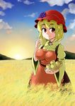  aki_minoriko apple apron blonde_hair bowl breasts commentary dress eyebrows food food_on_head fruit fruit_on_head grapes hat kousei_(public_planet) looking_at_viewer medium_breasts mob_cap mountain object_on_head red_eyes short_hair smile solo sunset thick_eyebrows touhou wheat_field wide_sleeves 