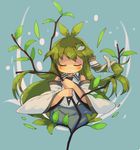  antenna_hair black_neckwear blue_background blue_skirt branch closed_eyes commentary_request cropped_legs detached_sleeves eyebrows eyebrows_visible_through_hair frog_hair_ornament green_hair hair_ornament hair_tubes holding_branch ini_(inunabe00) kochiya_sanae leaf long_hair necktie shirt skirt snake_hair_ornament solo touhou white_shirt wide_sleeves wing_collar 