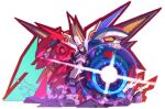  1boy aiming aiming_at_viewer arm_cannon armor black_armor blade_arm blue_armor commentary destruction energy_sword english_commentary glint glowing glowing_eyes highres huge_weapon looking_at_viewer mecha mecha_focus mega_man_(series) mega_man_zero_(series) mega_man_zero_3 multiple_heads nakayama_tooru official_art omega_(mega_man) omega_(second_form)_(mega_man) orange_eyes outline pauldrons powering_up red_armor red_outline robot rubble shoulder_armor simple_background solid_eyes solo spiked_pauldrons spikes sword weapon white_background white_eyes 