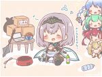  5girls :d =_= armored_boots black_boots blue_hair blush boots bottle bow bowl box braid breasts brown_background brown_eyes brown_hair cardboard_box carrot_hair_ornament chibi cleavage closed_eyes closed_mouth commentary_request computer dark-skinned_female dark_skin double_bun eighth_note elf food-themed_hair_ornament green_hair grey_hair hair_bow hair_bun hair_ornament headpiece heterochromia highres hololive houshou_marine laptop large_breasts long_sleeves mace mitarashi_neko multicolored_hair multiple_girls musical_note notice_lines peeking_out pointy_ears polka_dot polka_dot_background red_eyes red_hair shadow shiranui_flare shiranui_flare_(old_design) shirogane_noel shirogane_noel_(1st_costume) sitting smile streaked_hair table translation_request trash_bag twin_braids twintails two-tone_hair uruha_rushia usada_pekora virtual_youtuber weapon white_bow white_hair wide_sleeves 