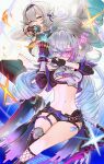  2girls aqua_hair aqua_thighhighs asymmetrical_footwear asymmetrical_gloves black_gloves black_hairband blue_hair commentary cropped_jacket drill_hair fingerless_gloves firefly_(honkai:_star_rail) fishnet_kneehighs fishnet_socks fishnets floating_hair gauntlets gloves gradient_hair grey_hair hair_between_eyes hair_ornament hairband henshin_pose highres honkai:_star_rail honkai_(series) jacket kneehighs long_hair long_sleeves looking_at_viewer mcdobo mismatched_gloves multicolored_hair multiple_girls navel open_clothes open_jacket pink_eyes silver_wolf_(honkai:_star_rail) silver_wolf_(lv.999)_(honkai:_star_rail) single_kneehigh single_sock socks stomach thighhighs uneven_footwear very_long_hair 
