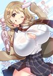  ;q black_bra bra breasts brown_hair button_gap character_name cleavage copyright_name dojikko_pose energy_gun gloves highres huge_breasts lace lace_bra narusawa_ryouka necktie occultic;nine one_eye_closed pink_gloves ray_gun see-through shibi shiny shiny_skin short_hair skirt solo star thighhighs tongue tongue_out twitter_username underwear weapon white_legwear 