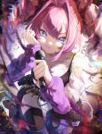  1girl absurdres arm_warmers black_thighhighs blue_eyes chaps commentary_request cosmetics highres holding holding_microphone hololive hololive_dev_is kikirara_vivi kikirara_vivi_(1st_costume) lipstick_tube long_hair microphone pink_hair purple_arm_warmers sorainu1211eaka tears thighhighs twintails wiping_tears 
