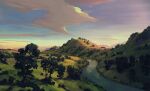  absurdres blue_sky bush cloud commentary day english_commentary gradient_sky grass highres hill landscape no_humans original outdoors painterly painting_(medium) philipp_urlich river scenery sky sunlight traditional_media tree water yellow_sky 