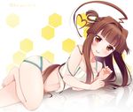  ahoge alternate_costume bangs bare_shoulders barefoot blunt_bangs blush brown_hair commentary_request heart_hair huge_ahoge kantai_collection ko_yu kuma_(kantai_collection) long_hair looking_at_viewer lying navel on_side paw_pose red_eyes sidelocks smile solo swimsuit 