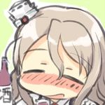  bad_id bad_twitter_id blush bottle closed_eyes engiyoshi green_background hat kantai_collection light_brown_hair long_hair lowres nose_blush open_mouth pola_(kantai_collection) solo tilted_headwear wine_bottle 