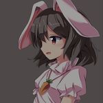  :d animal_ears brown_hair bunny_ears carrot_necklace commentary dark dress floppy_ears inaba_tewi open_mouth red_eyes ryogo short_hair smile solo touhou 