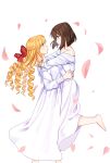  2girls 96mako arms_around_neck bare_shoulders barefoot blonde_hair bob_cut bow brown_hair claire_francois closed_mouth commentary couple dress drill_hair eye_contact falling_petals feet_out_of_frame from_side hair_bow highres hug legs_up long_dress long_hair long_sleeves looking_at_another matching_outfits multiple_girls mutual_hug off-shoulder_dress off_shoulder petals pink_petals profile rae_taylor red_bow short_hair simple_background standing straight_hair watashi_no_oshi_wa_akuyaku_reijou white_background white_dress yuri 