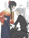 2girls black_hair blue_hakama bow braid clenched_teeth finger_on_another's_head floral_print grey_hair grin hair_bow hair_ornament hairclip hakama highres higuchi_kaede higuchi_kaede_(military) japanese_clothes kimono meiji_schoolgirl_uniform military_uniform moonbell multiple_girls nijisanji ponytail red_bow shaded_face smile teeth tsukino_mito tsukino_mito_(taishou_roman) twin_braids 