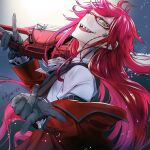  1girl \m/ absurdres adam's_apple akaiyou arm_strap backlighting black_gloves chainsaw coat coat_partially_removed commentary_request commission eyewear_strap floating_hair from_side glasses gloves green_eyes grell_sutcliff head_back highres holding holding_chainsaw kuroshitsuji layered_sleeves long_hair long_sleeves looking_at_viewer moon neck_ribbon open_mouth red-framed_eyewear red_coat red_hair reverse_trap ribbon sharp_teeth shirt signature skeb_commission smile solo striped_ribbon teeth upper_body vest white_shirt 