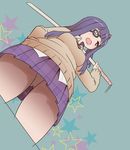  brown_eyes cardigan cowboy_shot dutch_angle eyepatch from_below hair_ornament long_hair open_mouth over_shoulder panties pantyshot pantyshot_(standing) plaid plaid_skirt pleated_skirt purple_hair school_uniform sekai_seifuku:_bouryaku_no_zvezda shikabane_itsuka sidelocks skirt solo standing star sumiyao_(amam) sword underwear weapon weapon_over_shoulder white_panties wooden_sword 