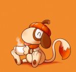  2018 ambiguous_gender anthro brown_fur brown_stripes canine cup digital_media_(artwork) dipstick_tail eyes_closed floppy_ears food fruit fur happycrumble hat headwear holding_cup holding_object mammal mostly_nude multicolored_tail nintendo orange_background orange_fur orange_theme paws pok&eacute;mon pok&eacute;mon_(species) pumpkin scarf shadow simple_background sitting smeargle steam striped_fur stripes tan_fur tongue tongue_out video_games 