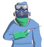  anthro avian bird clothed clothing corvid digital_media_(artwork) doctor eyewear glasses gloves goggles looking_at_viewer male mask medical raven simple_background solo surgeon surgical_mask syringe yowacle 