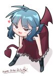  1girl :d absurdres antenna_hair artist_name bare_shoulders bat_wings bent_over birthday blue_hair blush blush_stickers bob_cut borrowed_character bright_pupils brown_eyes commentary demon_girl demon_tail demon_wings dress english_commentary flipped_hair frilled_dress frills full_body gift_art grey_socks gylmyr half-closed_eyes hands_on_own_knees happy_birthday heart highres jitome leaning_forward looking_at_viewer mesugaki naughty_face nia_(dudul) no_shoes off_shoulder open_mouth original party_popper pointy_ears red_dress red_tail red_wings shadow short_hair sidelocks signature simple_background sleeveless sleeveless_dress smile socks solo striped_clothes striped_socks tail upturned_eyes white_background white_pupils white_trim wings 