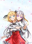  2girls absurdres ahoge anisphia_wynn_palettia aqua_eyes behind_another black_ribbon blonde_hair bob_cut closed_mouth collared_shirt commentary couple cowboy_shot double-parted_bangs english_commentary euphyllia_magenta falling_petals grey_hair grin hair_ribbon highres hug hug_from_behind long_hair long_sleeves looking_at_viewer multiple_girls neck_ribbon petals pink_petals purple_eyes red_skirt ribbon shirt shirt_tucked_in short_hair skirt smile split_mouth standing straight_hair striped_ribbon tensei_oujo_to_tensai_reijou_no_mahou_kakumei tofufuyu0112 twitter_username v very_long_hair white_background white_shirt yuri 