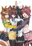  4girls ^_^ agnes_tachyon_(lunatic_lab)_(umamusume) agnes_tachyon_(umamusume) ahoge animal_ears bandeau belt black_gloves black_hair black_leggings black_pantyhose black_shrug black_skirt blush breasts brown_belt brown_eyes brown_hair brown_tail closed_eyes closed_mouth coat commentary crop_top cropped_jacket dantsu_flame_(center_spotlight)_(umamusume) dantsu_flame_(umamusume) gloves grin hair_between_eyes high_five highres horse_ears horse_girl horse_tail hug huge_ahoge jacket jam_(umamusume) jungle_pocket_(champion's_battle_cry)_(umamusume) jungle_pocket_(umamusume) lab_coat large_breasts leggings leggings_under_shorts long_hair long_hair_between_eyes long_sleeves manhattan_cafe_(creeping_shadow)_(umamusume) manhattan_cafe_(umamusume) medium_breasts medium_hair midriff multicolored_hair multiple_girls navel open_clothes open_coat open_mouth pantyhose pink_shorts red_eyes sarcophage shorts shrug_(clothing) simple_background skirt small_breasts smile stomach streaked_hair sweater tail thighs umamusume umamusume:_beginning_of_a_new_era white_background white_belt white_coat white_streaks yellow_eyes yellow_jacket yellow_sweater 
